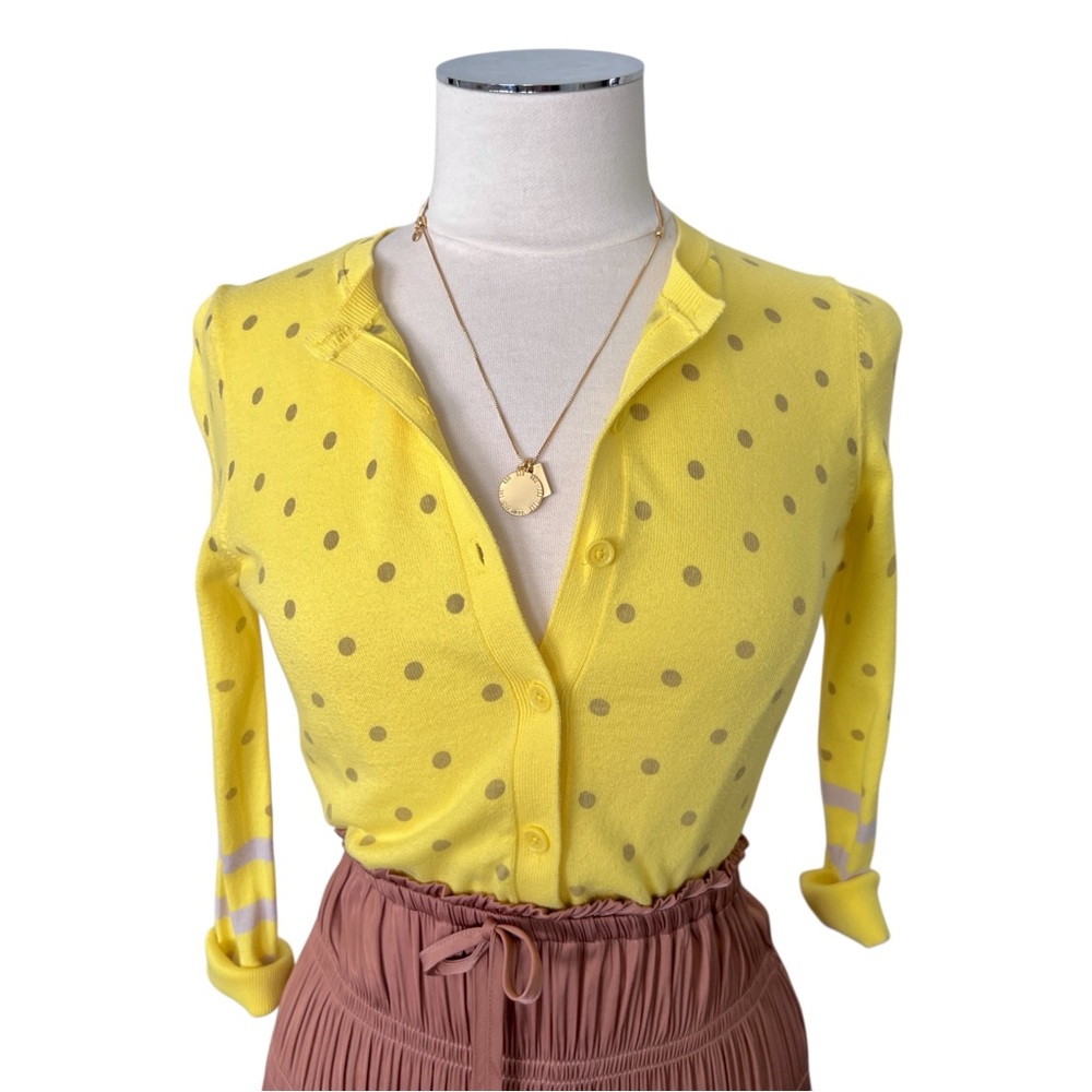 LOFT Polka Dot Stripe 3/4 Sleeve Cardigan Yellow Gray Sz XS